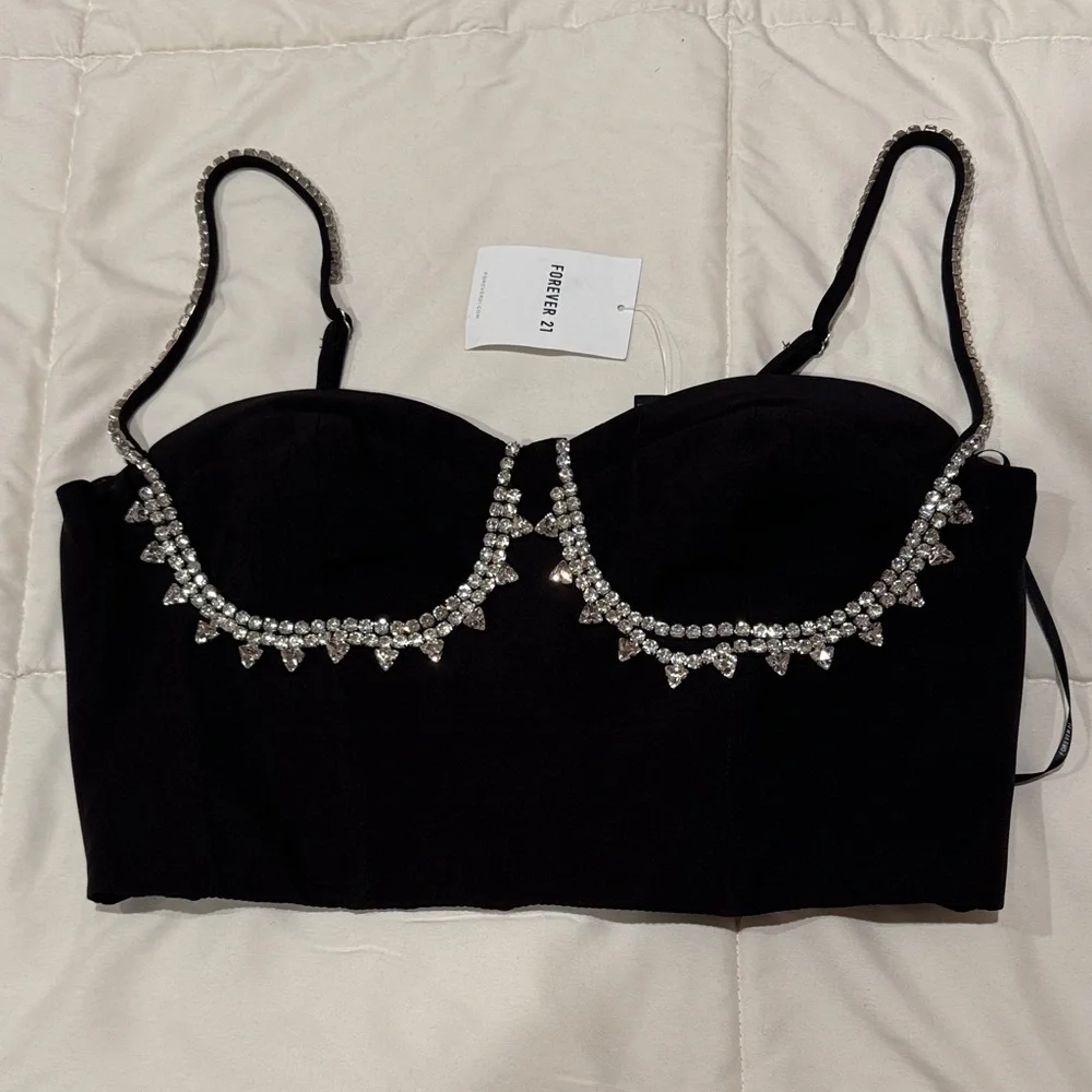 Forever 21 Black Rhinestone Embellished Crop Top - Picture 2 of 8